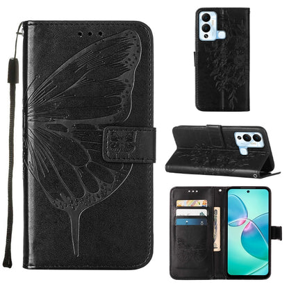 Embossed butterfly flip leather phone case, black, with embossed butterfly pattern