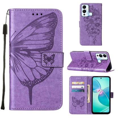 Purple embossed butterfly flip leather phone case with card slots and kickstand