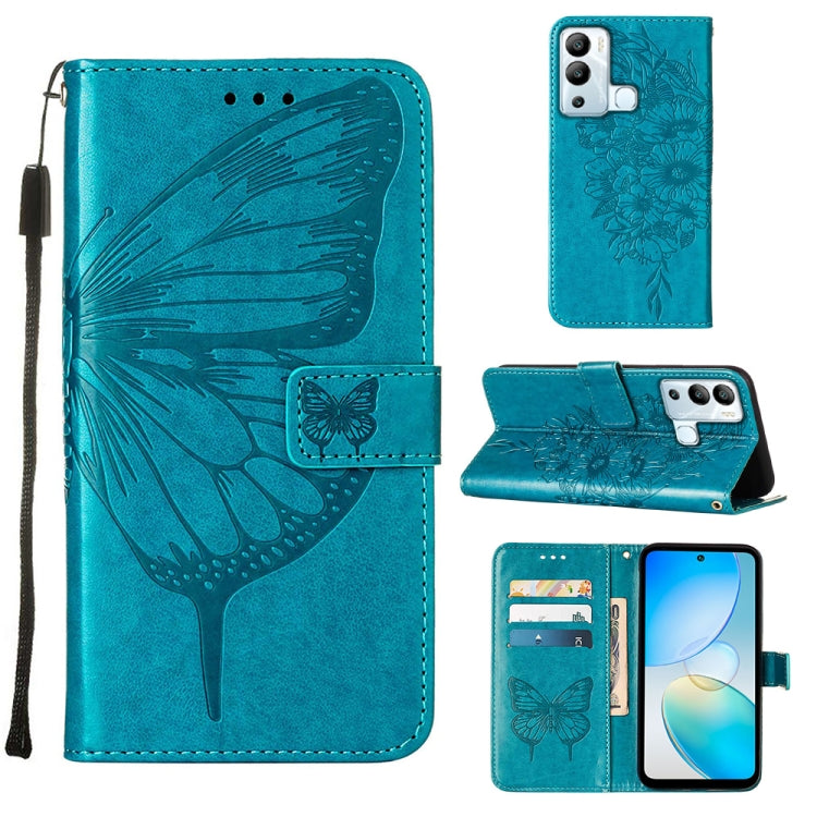 Blue embossed butterfly flip leather phone case with card slots and kickstand