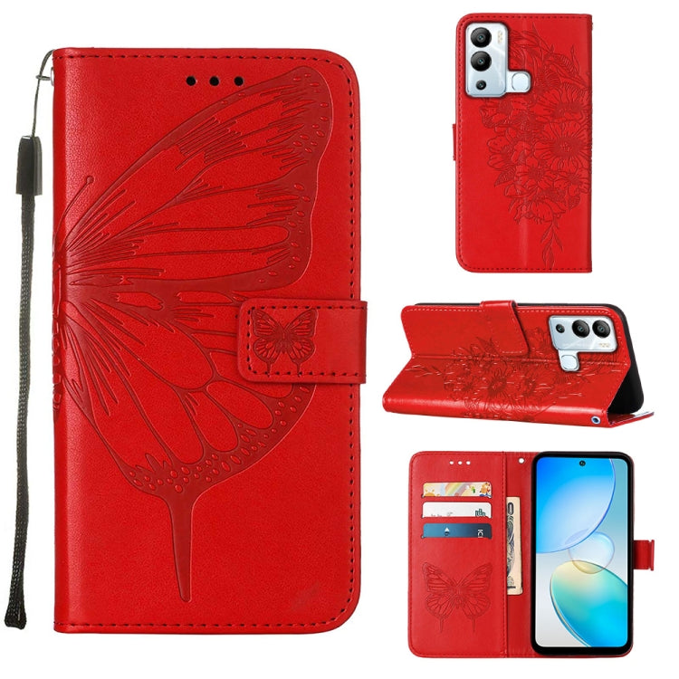 Red embossed butterfly flip leather phone case with card slots and stand