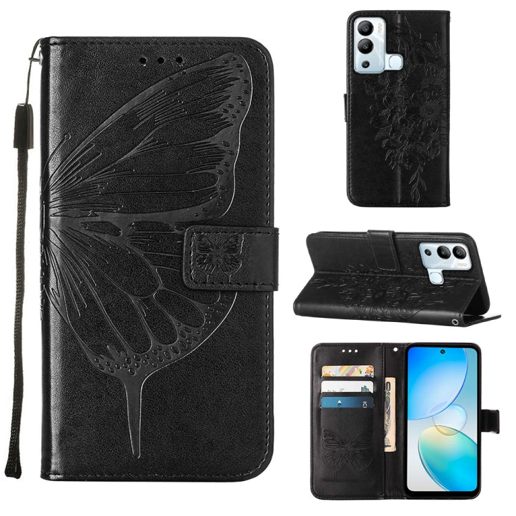 Black embossed butterfly flip leather phone case with card slots and kickstand