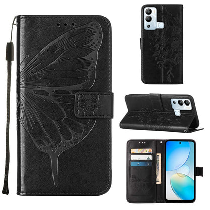 Black embossed butterfly flip leather phone case with card slots and kickstand