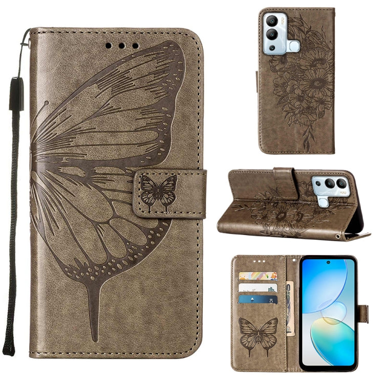 Embossed butterfly flip leather phone case in dark beige with folio wallet and strap