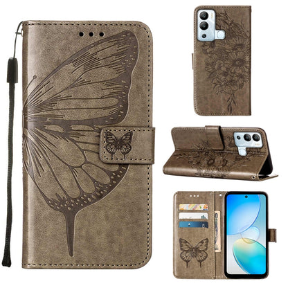 Embossed butterfly flip leather phone case in dark beige with folio wallet and strap