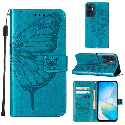 Embossed butterfly flip leather phone case in teal blue with folio wallet and strap