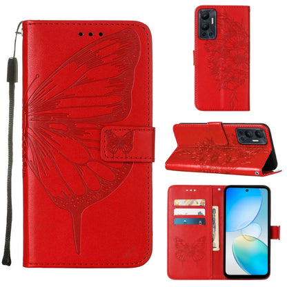 Embossed butterfly flip leather phone case in red with folio wallet and wrist strap