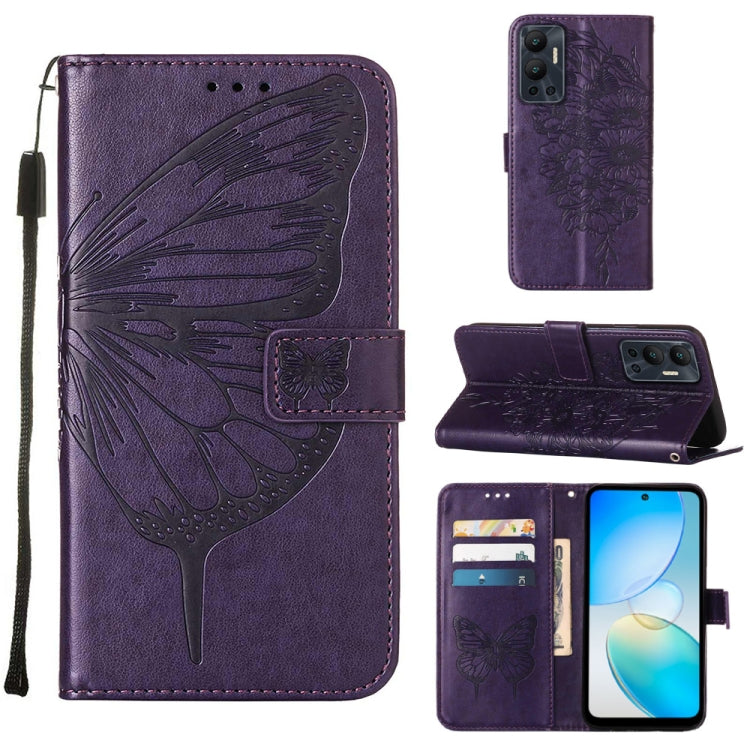 Embossed butterfly flip leather phone case in purple with folio wallet and wrist strap