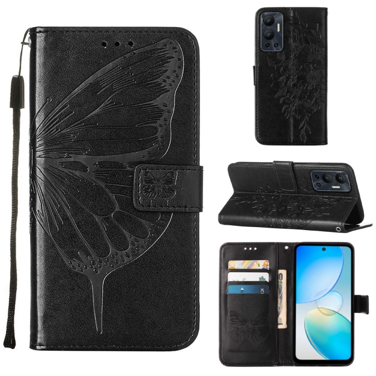 Embossed butterfly flip leather phone case in black with folio wallet and wrist strap