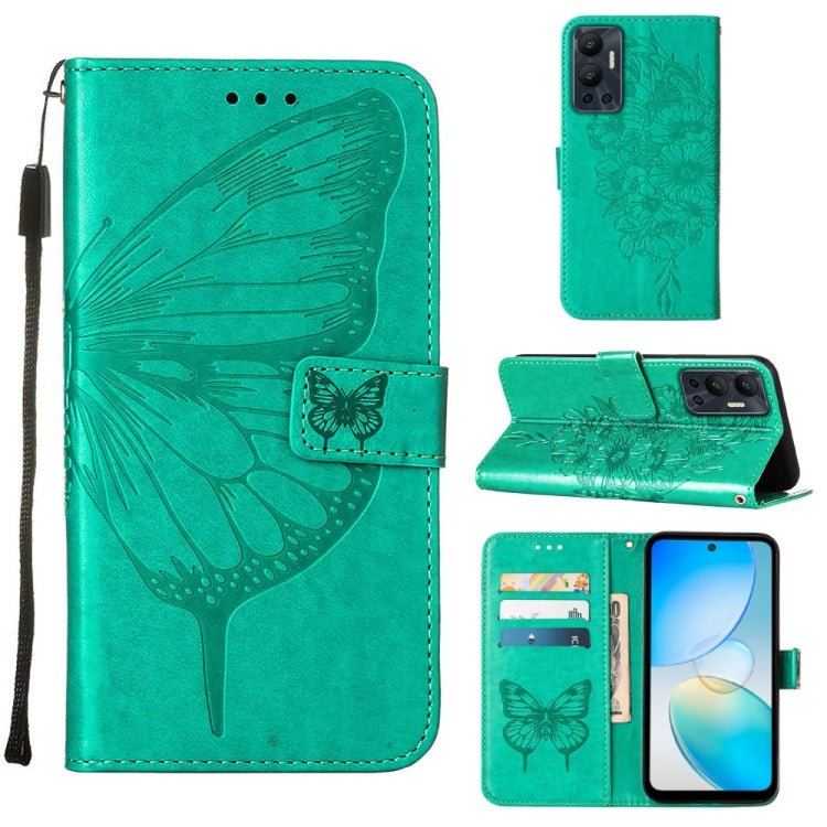 Embossed butterfly flip leather phone case in turquoise green with folio wallet and strap