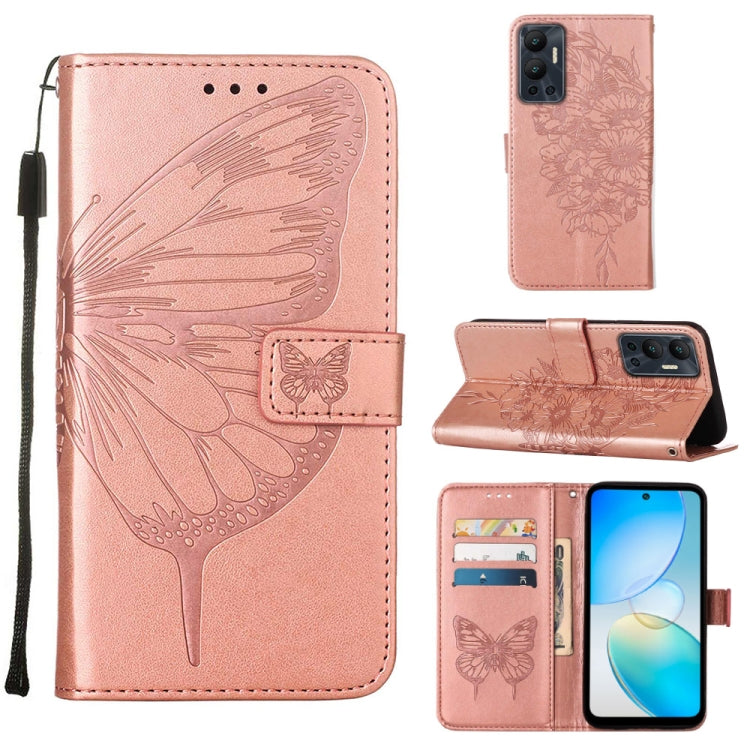 Embossed butterfly flip leather phone case in rose pink with folio wallet and wrist strap