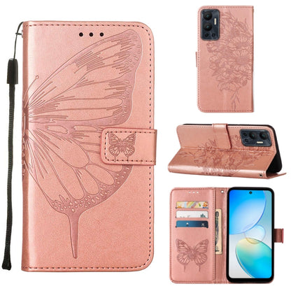 Embossed butterfly flip leather phone case in rose pink with folio wallet and wrist strap