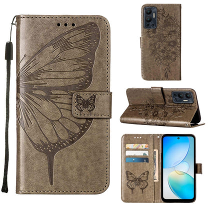 Embossed butterfly flip leather phone case in dark beige with folio wallet and strap
