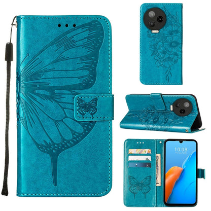 Embossed butterfly flip leather phone case in bright teal with folio wallet and strap