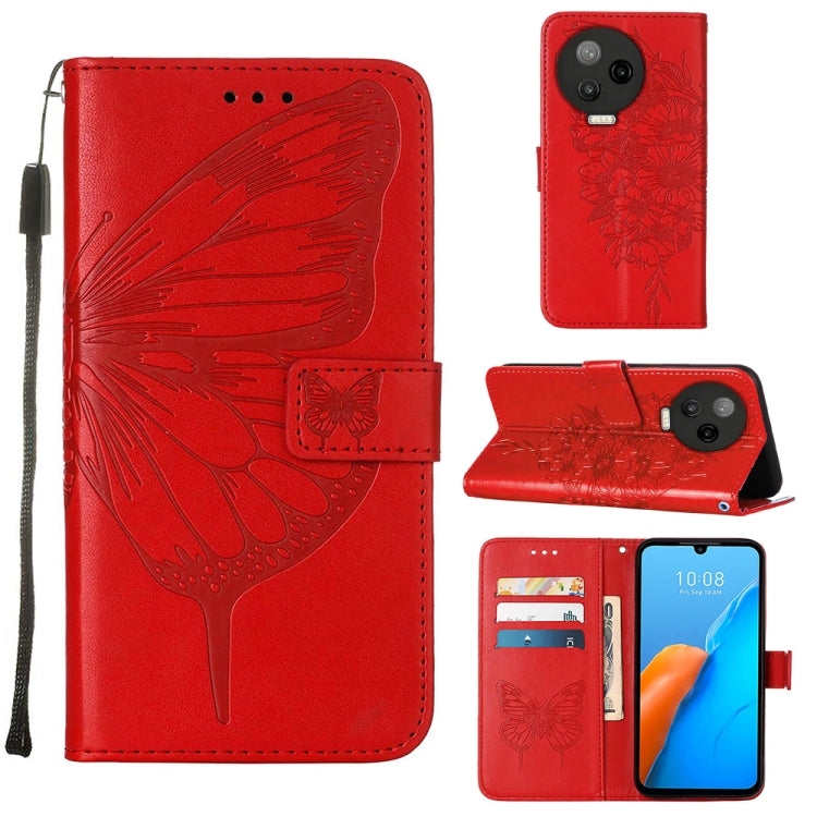 Red embossed butterfly flip leather phone case with card slots and side wrist strap.