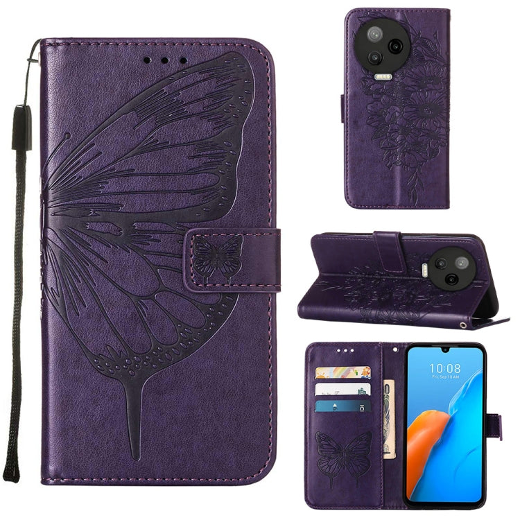 Purple embossed butterfly flip leather phone case with card slots and side wrist strap.