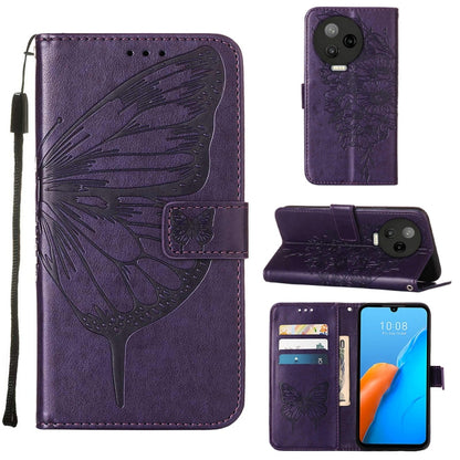 Purple embossed butterfly flip leather phone case with card slots and side wrist strap.