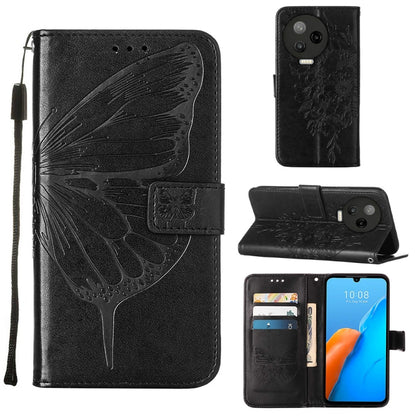 Black embossed butterfly flip leather phone case with card slots and side wrist strap.