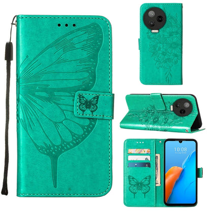 Green embossed butterfly flip leather phone case with card slots and side wrist strap.