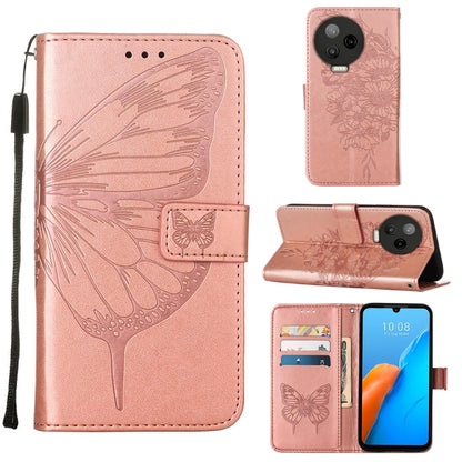 Rose pink embossed butterfly flip leather phone case with card slots and side wrist strap.