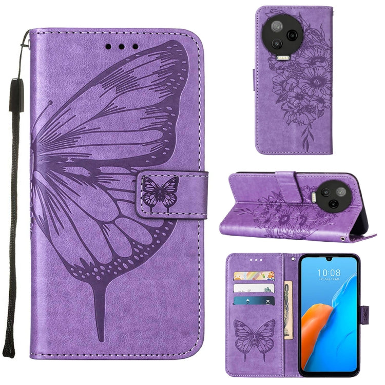 Dark purple embossed butterfly flip leather phone case with card slots and side wrist strap.