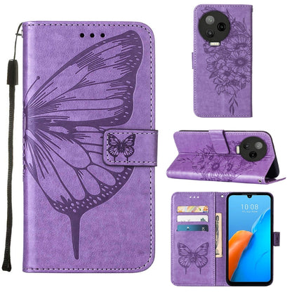 Dark purple embossed butterfly flip leather phone case with card slots and side wrist strap.