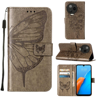 Grey embossed butterfly flip leather phone case with card slots and side wrist strap.