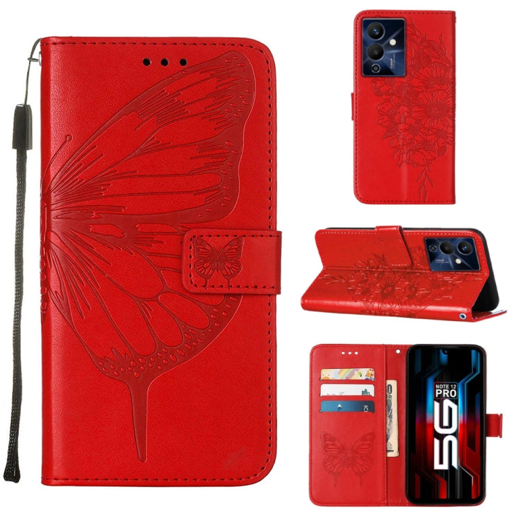 Red embossed butterfly flip leather phone case with card slots and side wrist strap.