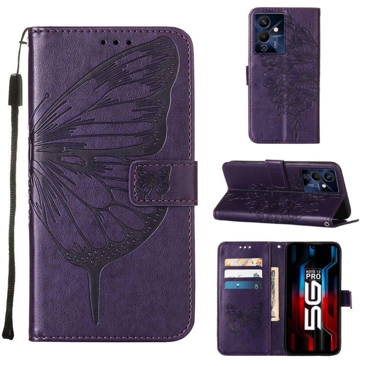 Purple embossed butterfly flip leather phone case with card slots and side wrist strap.