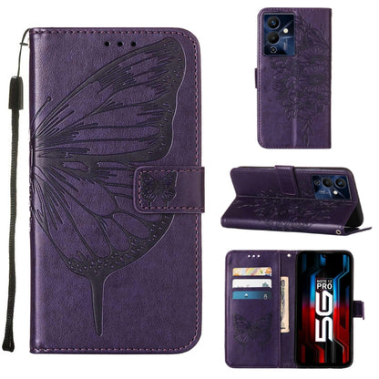 Purple embossed butterfly flip leather phone case with card slots and side wrist strap.