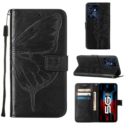 Embossed butterfly leather flip phone case, black, with card slots and stand