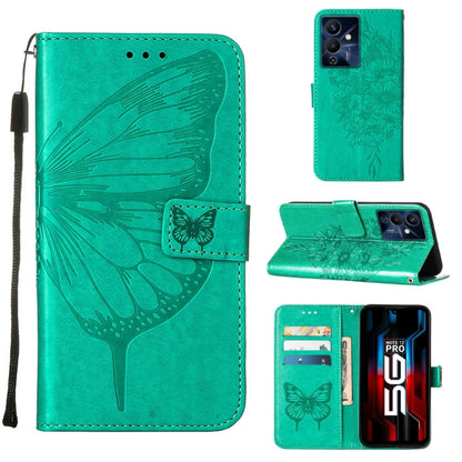 Embossed butterfly leather flip phone case, turquoise, with card slots and stand