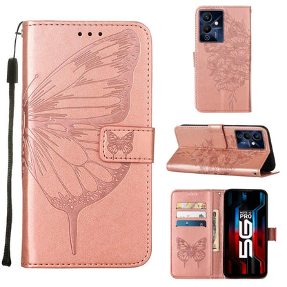 Embossed butterfly leather flip phone case, rose pink, with card slots and stand