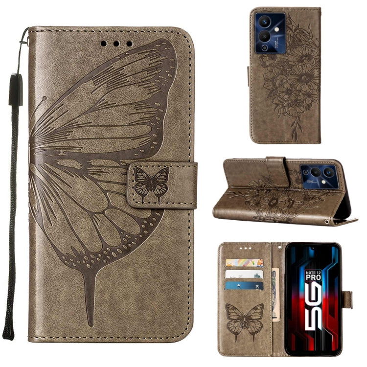 Embossed butterfly leather flip phone case, taupe, with card slots and stand