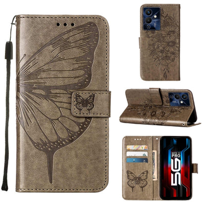 Embossed butterfly leather flip phone case, taupe, with card slots and stand