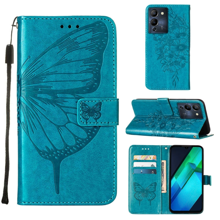Embossed butterfly leather flip phone case, teal blue, with card slots and stand