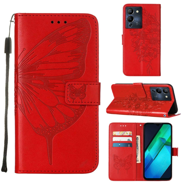 Embossed butterfly leather flip phone case, red, with card slots and stand