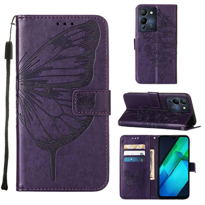 Embossed butterfly leather flip phone case, dark purple, with card slots and stand