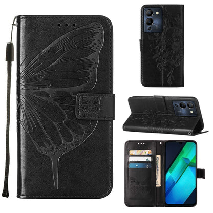 Embossed butterfly leather flip phone case, black, with card slots and stand