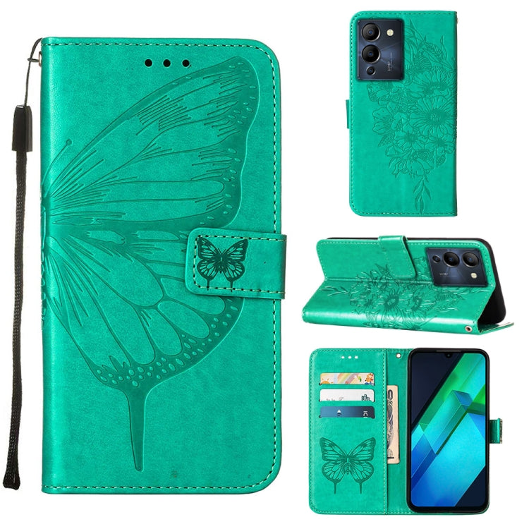 Embossed butterfly leather flip phone case, turquoise, with card slots and stand