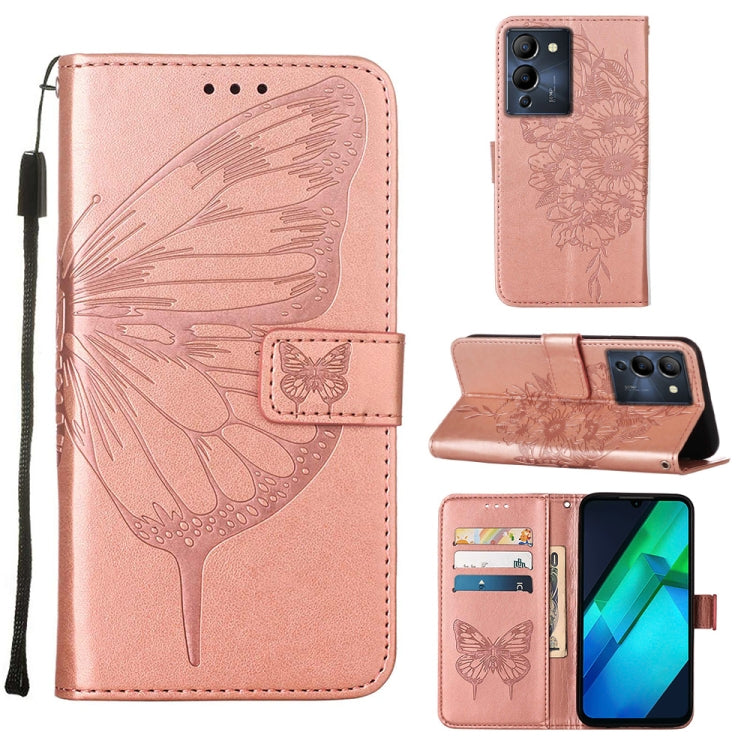 Butterfly embossed flip leather phone case in rose pink, with card slots and stand flap.