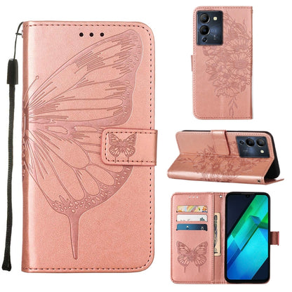 Butterfly embossed flip leather phone case in rose pink, with card slots and stand flap.