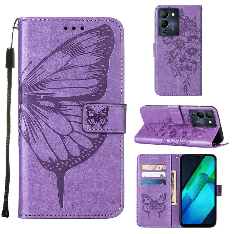 Butterfly embossed flip leather phone case in purple, with card slots and stand flap.