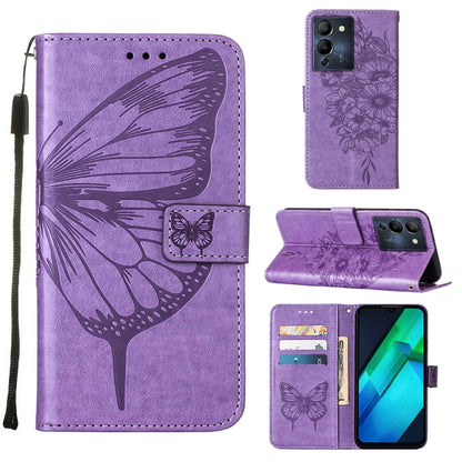 Butterfly embossed flip leather phone case in purple, with card slots and stand flap.