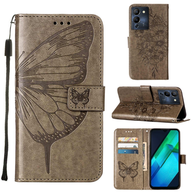 Butterfly embossed flip leather phone case in dark taupe, with card slots and stand flap.