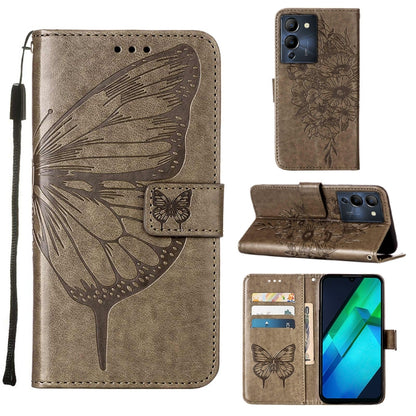 Butterfly embossed flip leather phone case in dark taupe, with card slots and stand flap.
