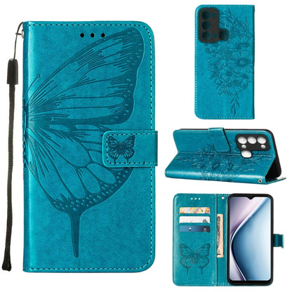 Butterfly embossed flip leather phone case in teal, with card slots and stand flap.