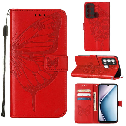 Butterfly embossed flip leather phone case in red, with card slots and stand flap.