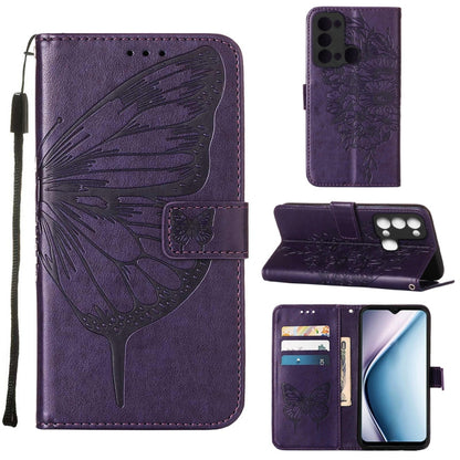 Butterfly embossed flip leather phone case in deep purple, with card slots and stand flap.