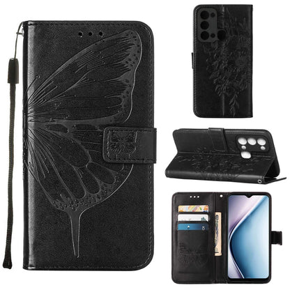 Butterfly embossed flip leather phone case in black, with card slots and stand flap.