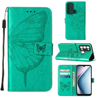 Butterfly embossed flip leather phone case in green-teal, with card slots and stand flap.
